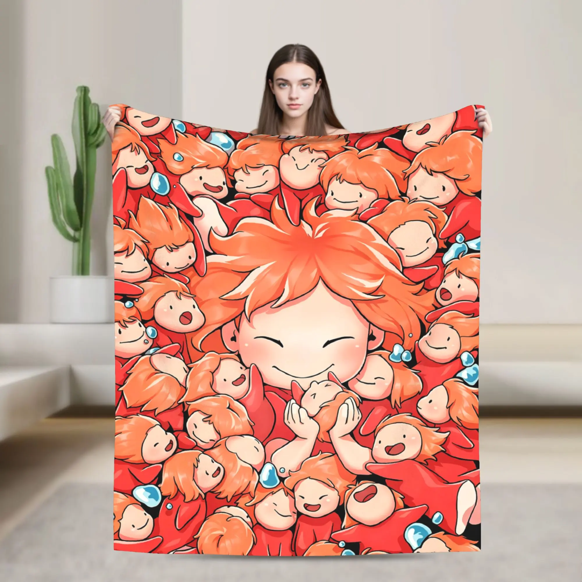 Classic Ponyo Theme Anime Cartoon Printed Flannel Throw Blanket - Soft Plush, Fuzzy, Cozy, Warm Decorative Home & Travel Blanket for Living Room, Bedroom Sofa, Giftable Home Textile (Multiple Sizes)
