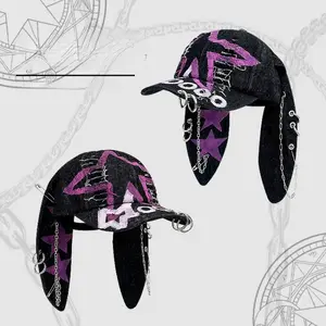 Wasteland-style rabbit-ear ripped denim baseball cap, dark punk hot girl photo shoot duckbill hat