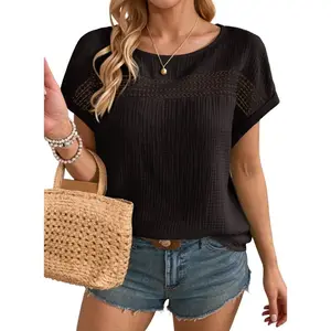 Dokotoo Womens Summer Tops 2026 Crewneck Short Sleeve Hollow Out T-Shirts Casual Loose Solid Color Blouses Shirts