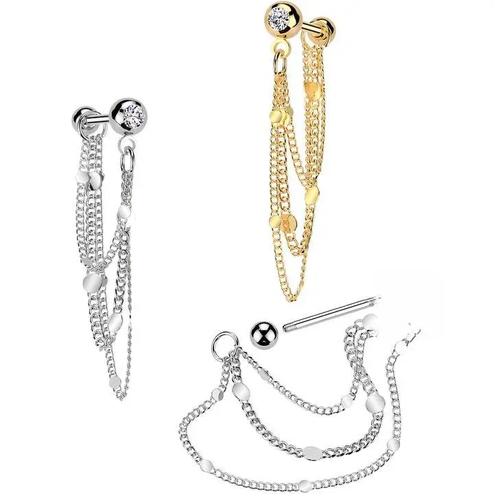 16 Gauge 5/16 CZ Gem Stud Triple Chain Cartilage Earring in 316L Stainless Steel with Cubic Zirconia & Dangle Chains for Tragus Helix & Conch Piercings