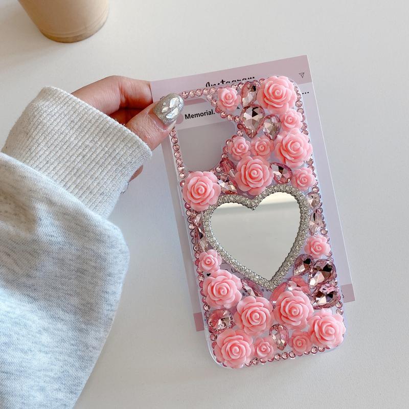 1pc Cardioid Mirror Pink Rhinestone Phone Case, Pink Flower Bright ...
