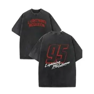 Men's Washed T-Shirt Unisex Casual Short Sleeve Tee Cotton Vibrant Red with Lightning McQueen Print Machine Washable Perfect Summer Gift Y2k Outfits Men