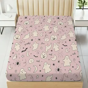 1Pc Spooky Ghost Pumpkin Fitted sheet Mattress Protector Halloween theme, Scary Cute Print Mattress protector Breathable, Soft Comfortable Bedding Mattress Cover, for Bedroom Guest Room.
