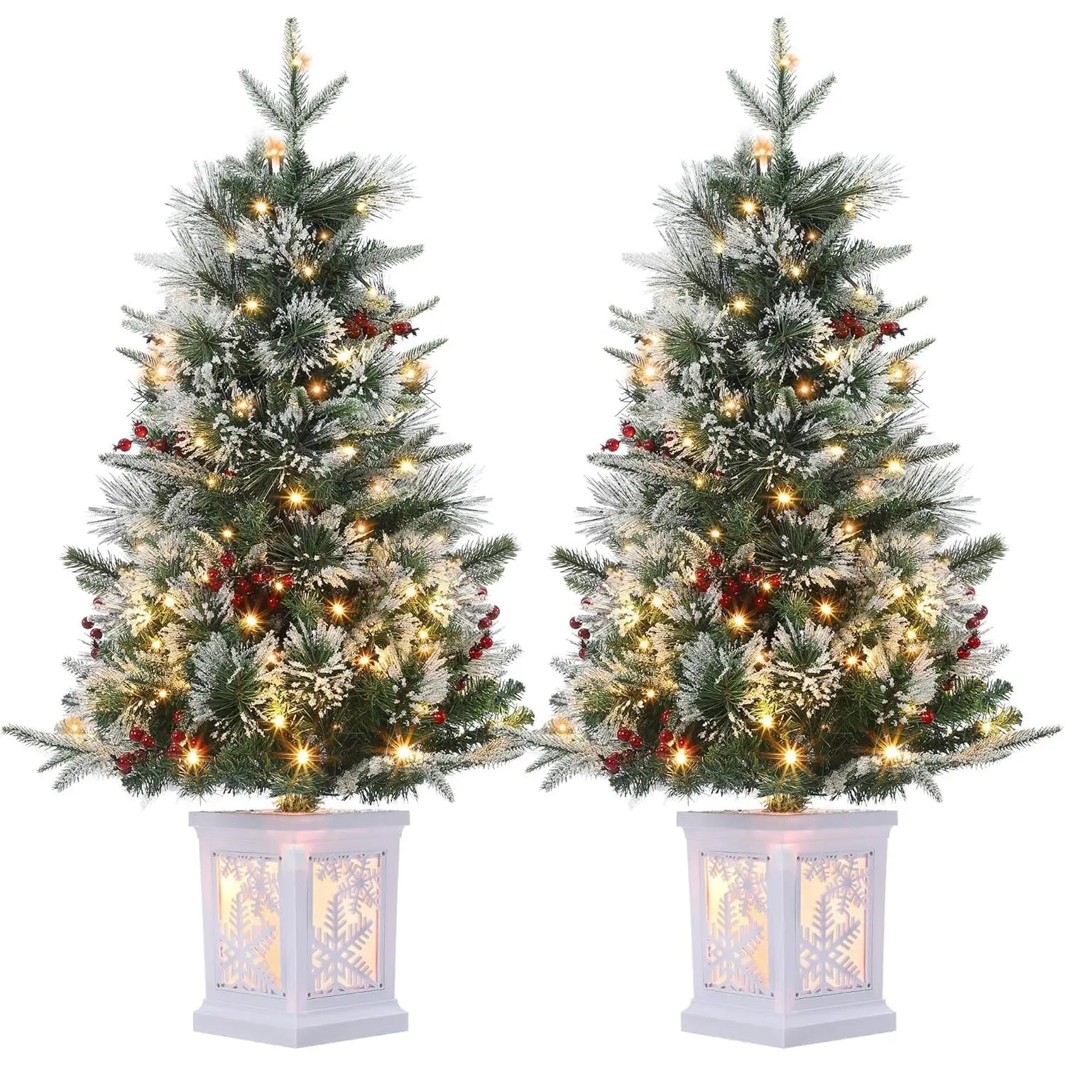 3ft Artificial Christmas Tree Snow Flocked Lighted 2-Pack with Snowflake Box Base 8 Light Modes Battery Operated 36 Inch Mini Tabletop Fir for Holiday Desk Decor