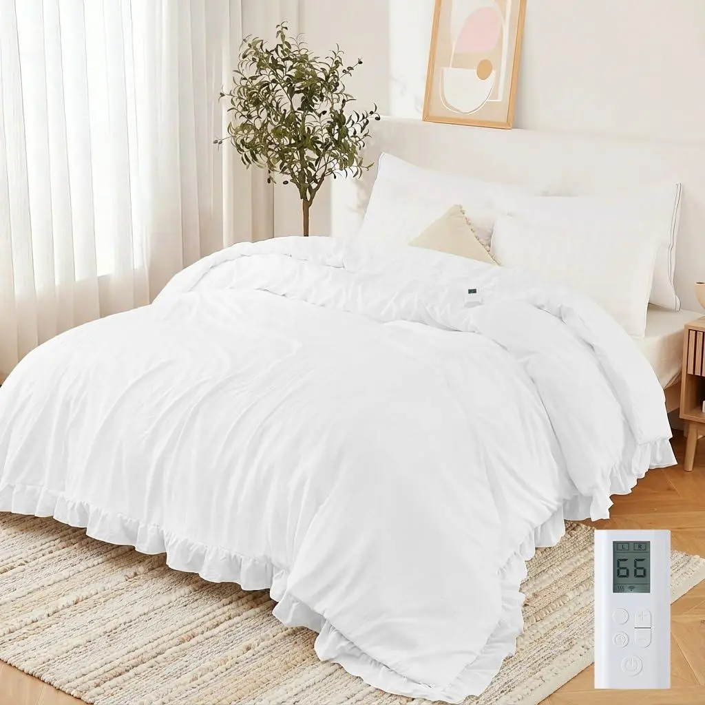 GARVEE Heated Comforter Blanket King Size, Ruffle Electric Quilt with Wireless LCD Controller, Fast Heating & Overheat Protection, ETL Certified, Machine Washable (White, King 104"x90")