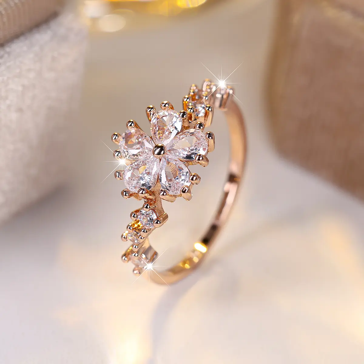 Elegant Flower Design Engagement Ring - Paved Simulated Coloured Gemstone (Cubic Zirconia), Multi-Size Gold/Rose Gold Band for Wedding & Daily Wear
