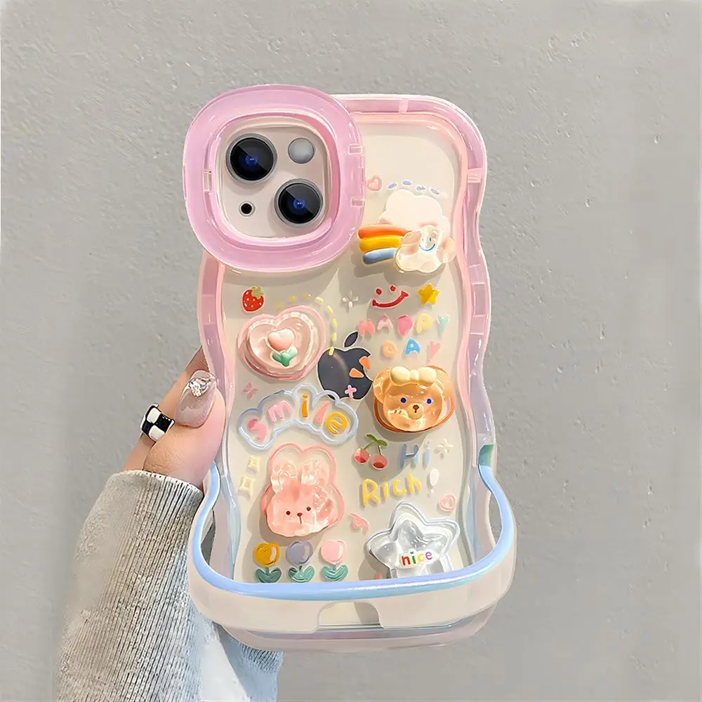 iPhone 15 Pink Smartphone Case - Cute Water Wave Frame, 3D Bear Rabbit Kickstand, Soft Touch Shockproof Casing for Wireless Charging Compatible Devices, Mobile Phone Accessories