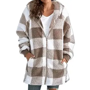 Women's new checkered Sherpa hooded jacket with long sleeves and zippered pockets, loose fit jacket, warm and versatile, suitable for daily and casual outings, women's sports shirt, black winter top, gift