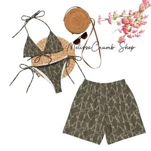 Matching Bottomland Camo Swimsuits for Couples - Swim Bra & Tie Side Thong Bikini + Men's Beach Shorts, Summer Vacation Swimsuit, Hawaiian Shirt Style, Aloha Beach Outfit, Couples Swim Suits