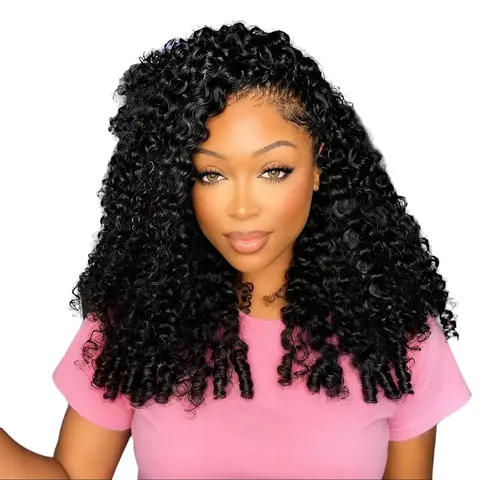 Unisex Burmese Curly Glueless 3-in-1 Human Hair Half Wig, 180% Density Afro Style, Drawstring Wigcap, Beginner-Friendly Full Machine Hair Extension, Burmese Curly Half Wig
