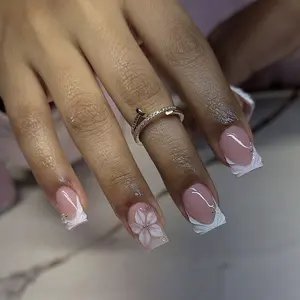 Reusable 24-Piece Short Square French Nail Tips, Nude Edge, 3D Flower Gold Design, Quick Manicure, Includes Jelly Glue & File