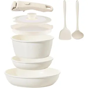 Ceramic Cookware Set Non Stick 8 count Pots and Pans Set Detachable Handle Induction Kitchen Cooking Set with Frying Pans Oven Dishwasher Safe, /PFOA Free, Cream White