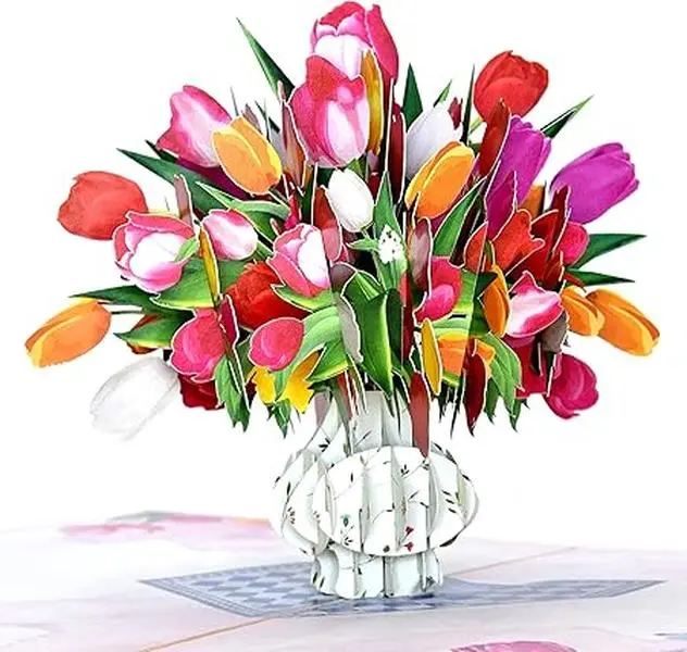 Tulips Flower Vase Pop Up Cards Anniversary Card, Summer Card, Birthday Card, Mothers Day Card
