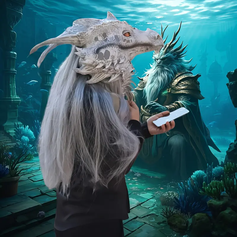 1pc High-Quality Painted Latex Fantasy Adult Classic Old Dragon King Mask - Realistic Gray-White Design, White Hair, Yellow-Red Eyes, Intricate Craftsmanship, Cordless, Ideal for Halloween, Parties