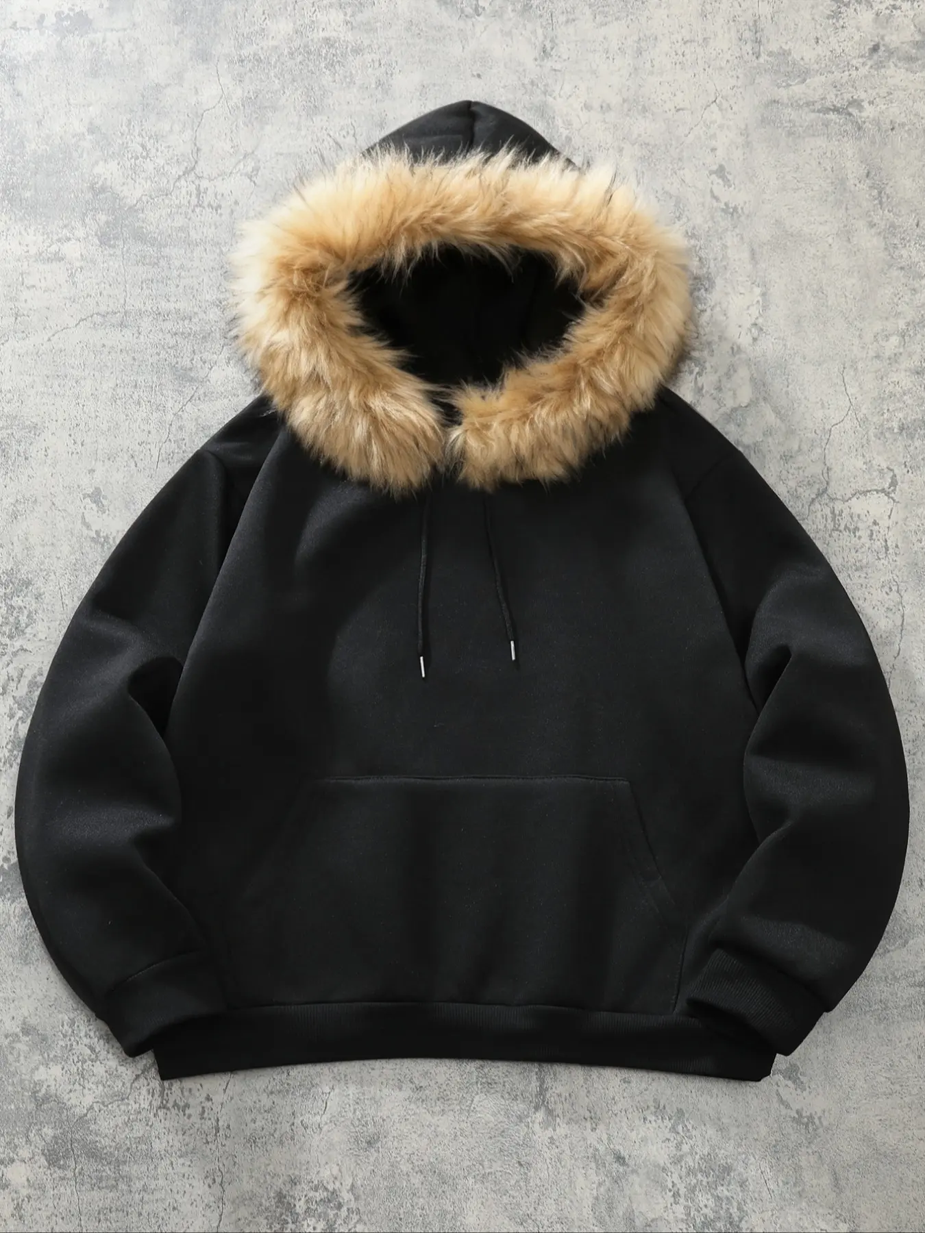 Unisex Faux Fur Trim Hoodie Sweatshirts - Beige & Black Options, Plain, Long Sleeve, Classic Oversized Street Style, Warm Casual Wear for Winter. #StreetwearEssential #FurHoodie #OversizedFashion #WinterWarmth Grab This Edgy Piece for Cozy & Stylish Look