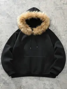 Unisex Faux Fur Trim Hoodie - Beige & Black Options, Plain, Long Sleeve, Classic Oversized Street Style, Warm Casual Wear for Winter. #StreetwearEssential #FurHoodie #OversizedFashion #WinterWarmth Grab This Edgy Piece for Cozy & Stylish Look