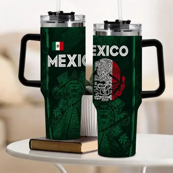 Mexican Heritage 40oz 30oz 20oz Stainless Steel Tumbler, Mexico Flag Travel Mug, Vacuum Insulated Cup with Straw