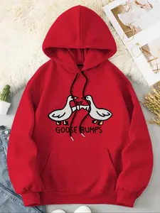 Women's Letter & Goose Print Drop Shoulder Hoodie, Fashion Casual Drawstring Pocket Hooded Sweatshirt for Daily Holiday Outdoor Wear, Women Clothing for Fall & Winter