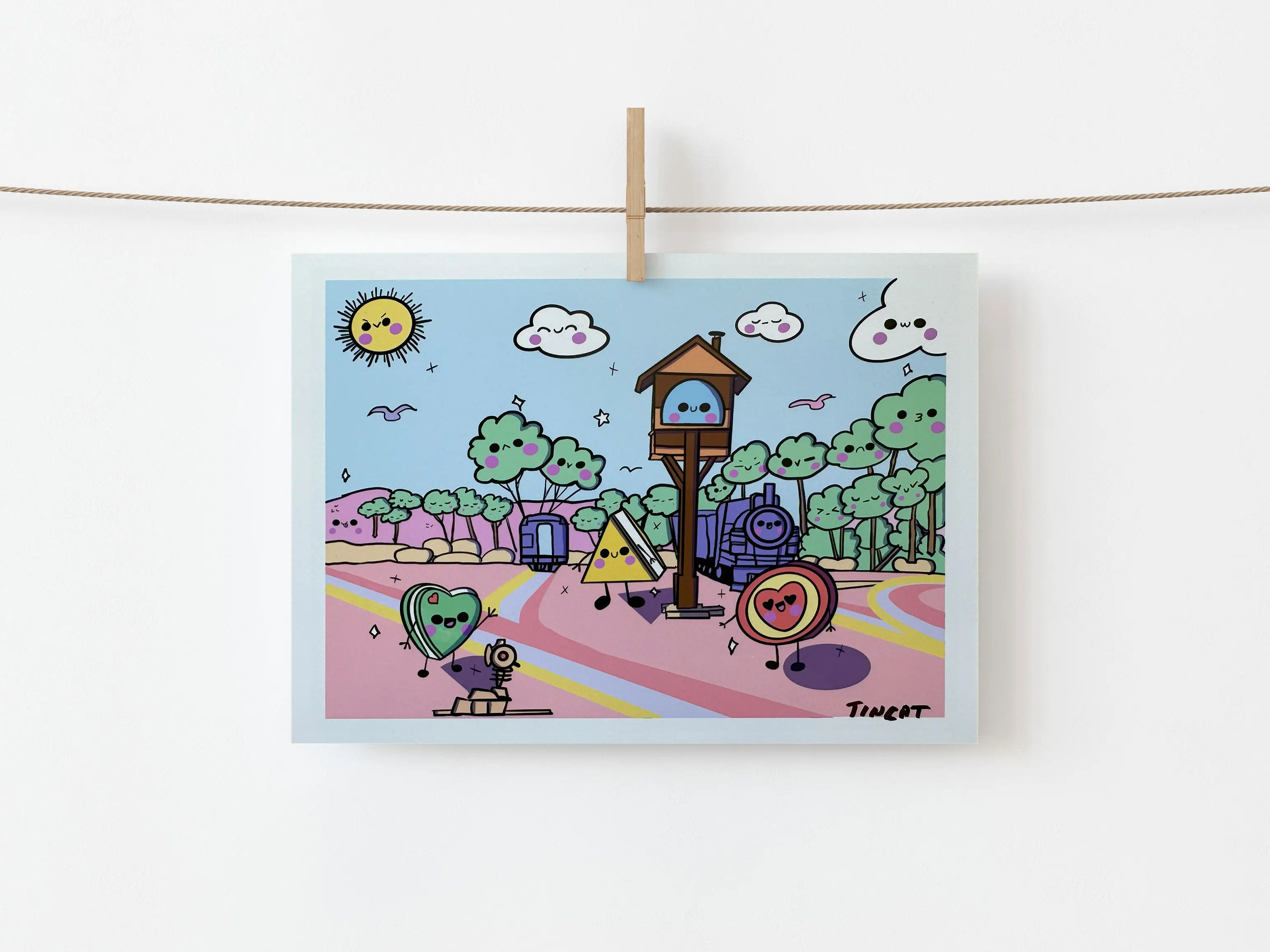 Train Station kawaii print  5 x 7 by Artist Tincat, kawaii art print, cute kawaii print, kawaii art den, colorful kawaii, kids room decor, kawaii print