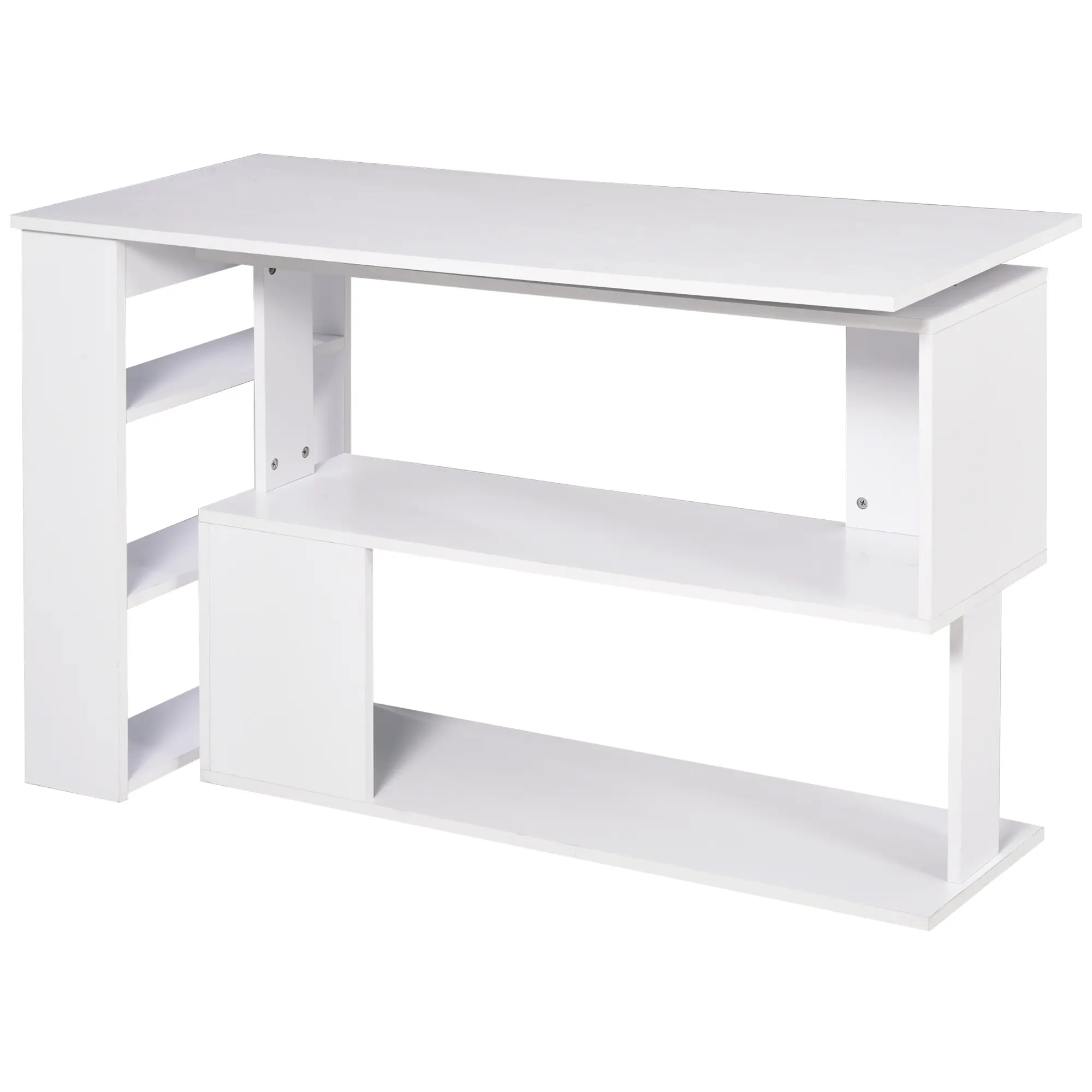 L-Shaped Corner Computer Desk - 360-Degree Rotating Home Office Workstation with Storage Shelves, White Writing Table
