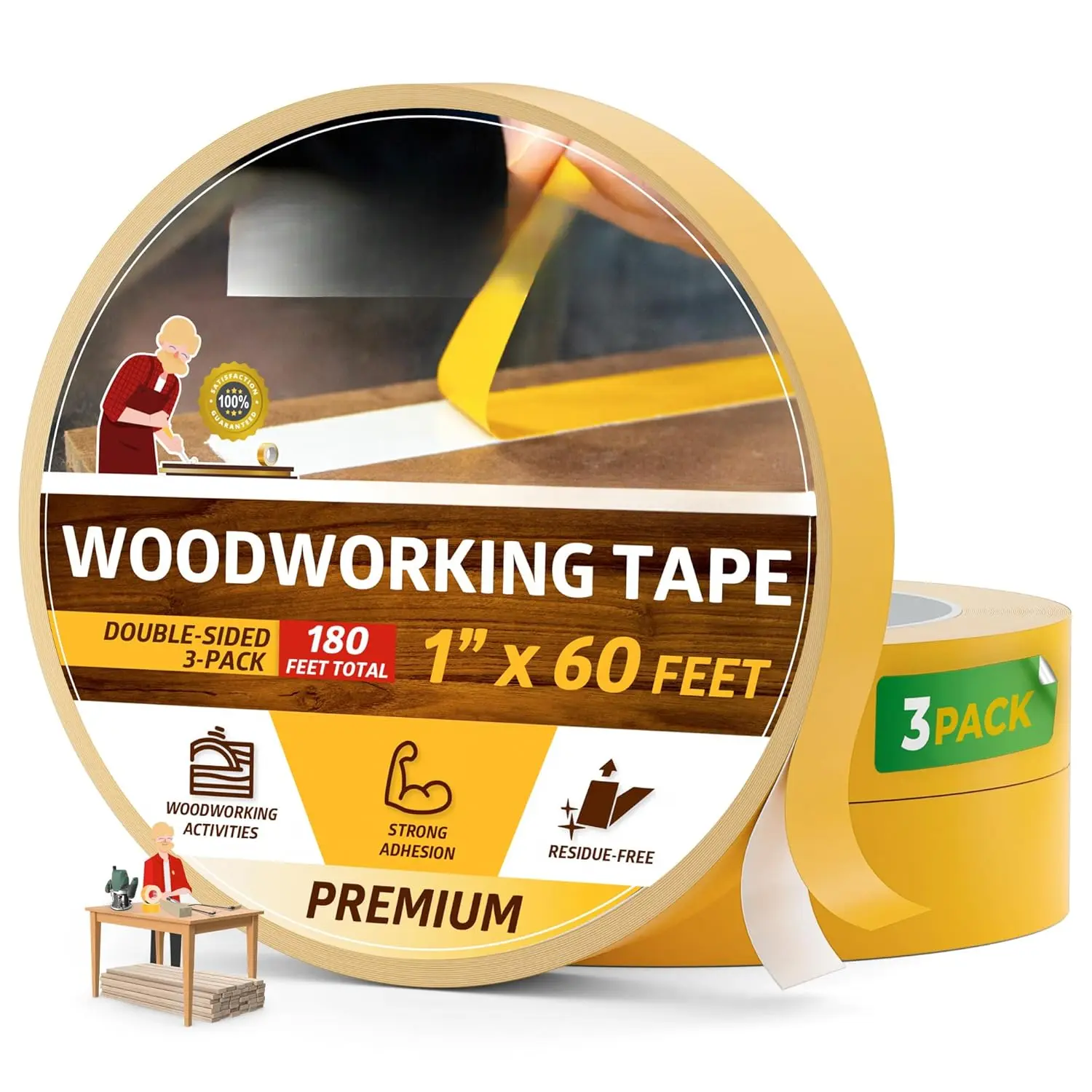 Double Sided Woodworking Tape, 1 Inch x 180 Feet (3-Pack) - -Free, Surface-Safe Router Template Tape for Delicate MDF, Hardwood, , Metal, CNC Machines, Woodworkers, and Turners