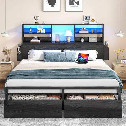 Raybee LED Bed Frame for Queen with 2 Storage Drawers & Bookcase, 2 Pockets & 6 Shelves, Modern Industrial Platform Bedframes with Headboard & Built-In Power Outlet, No Noise, Holds 1100 LBS with Metal Slats, Black, Rusticn Brown, Full, Queen, King