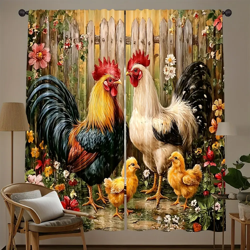 2-Piece set, Window Curtain, Window Drapes, rustic farmhouse style curtains, colorful rustic rooster with floral pattern curtains, translucent rod pocket design, suitable for home decoration, Home Decorative Curtain, Room Decor Curtain
