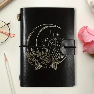 1pc Short Pocket Subject Notebook A7 Size 5.5x3.7 Inches, Moon Crystals and Roses Gold Line Art Ideal Gift for Thanksgiving, Christmas and Birthday