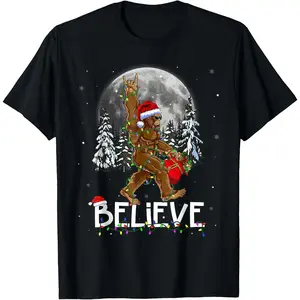 Santa Bigfoot Christmas Lights Funny Sasquatch Believe Xmas T-Shirt