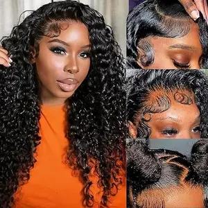 13x4 Deep Wave Lace Front Wigs Human Hair Pre Plucked 200% Density Brazilian Deep Curly Lace Frontal Wig with Baby Hair Natural Black Color 16 inch