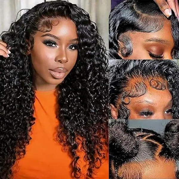 13x4 Deep Wave Lace Front Wigs Human Hair Pre Plucked 200% Density Brazilian Deep Curly Lace Frontal Wig with Baby Hair Natural Black Color 16 inch