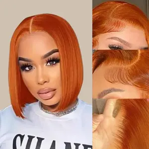 Ginger Orange Bob Wig Human Hair 14 inch 13X4 Ginger Lace Front Wigs for Black Women 180% Density Short Straight Orange Bob Lace Front Human Hair Wigs