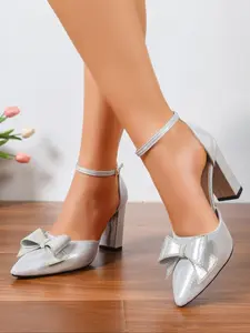 3-color high-heeled single shoes for women, with a buckle and bow strap, a shiny PU upper, and a stylish pointed single shoe, suitable for parties and daily wear