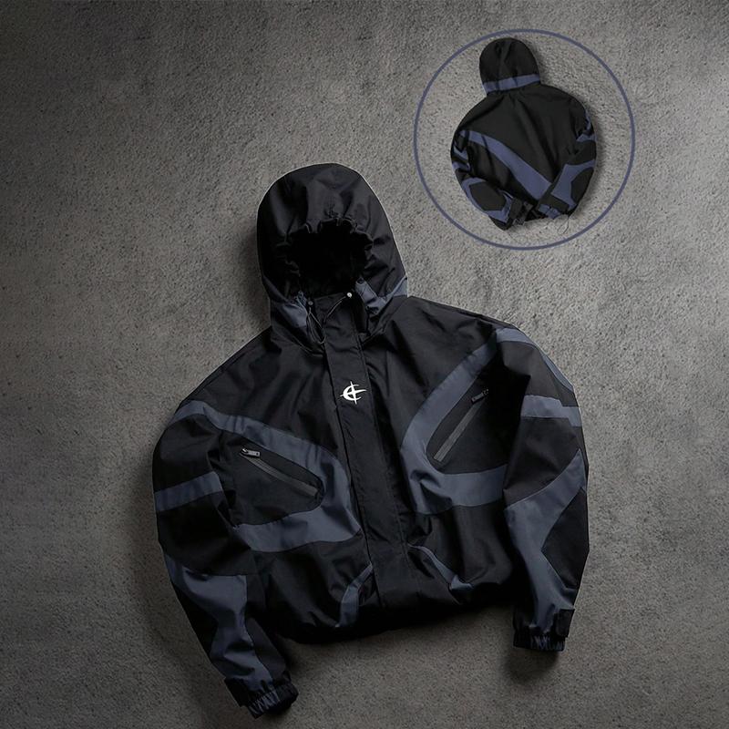 Men's Baseball Jacket High Street Patchwork Print Windproof Coat Fashion College Style Long Sleeve Outerwear for All Seasons Multi-Pocket Hooded Zipper Closure Stylish Menswear