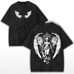 Angel Guardian Vintage Washed Oversized T Shirt Heavy Cotton Gothic Spiritual Streetwear Loose Fit Casual Short Sleeve Trendy Daily Religious Fashion Tops