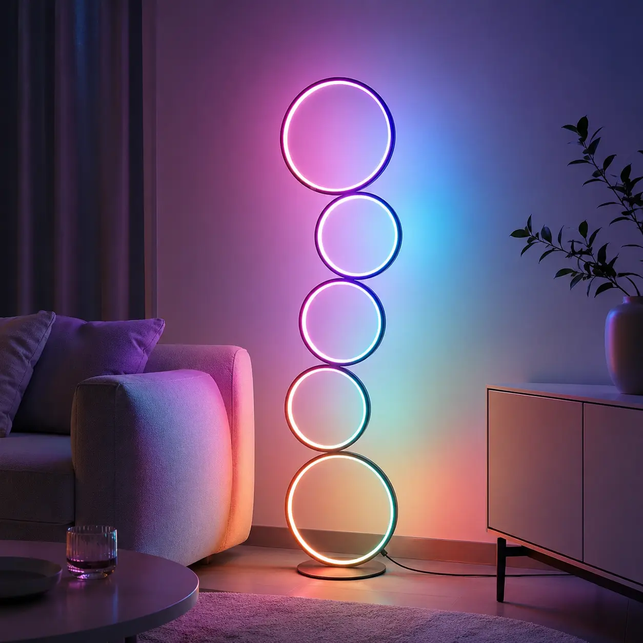 RGBCW Modern 5-Ring LED Floor Lamp, 43.3" Artistic Nesting Circle Standing Lamp, Stepless Dimmable Sculptural Accent Light for Living Room, Bedroom & Office, Minimalist Geometric Decor