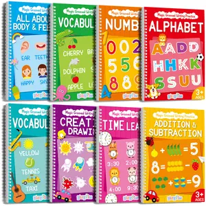 #TikTokShopMothersDay 8 Pcs Reusable Grooved Handwriting Workbooks with 2 Pen & 10 Refills & 2 Pen Grip,Handwriting Practice,8 Books–alphabet,number,math,vocabulary,drawing,body and feelings,time learning–Gift for preschooler