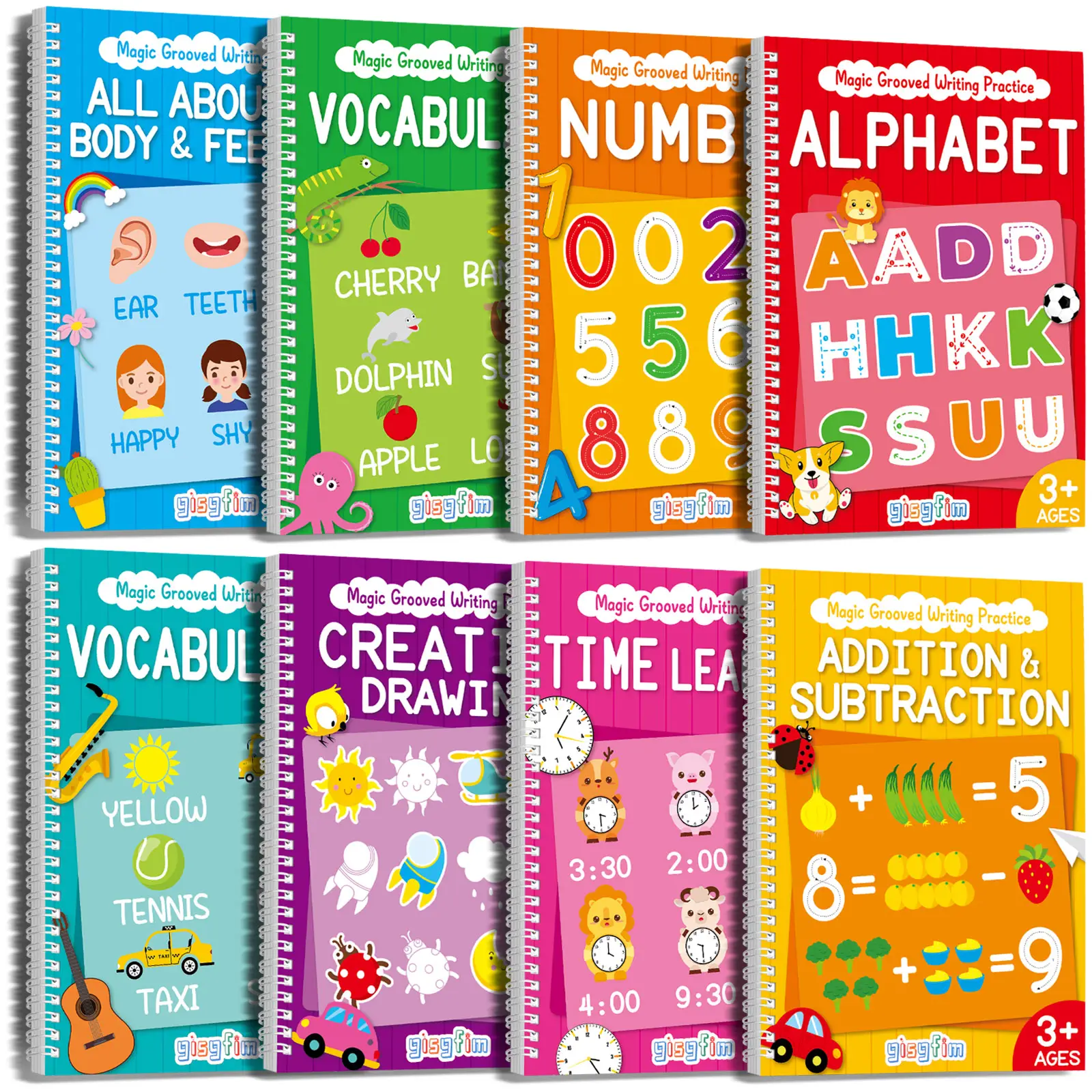 #tiktokmademebuyit 8 Pcs Reusable Grooved Handwriting Workbooks,Early Learning,8 Books–Alphabet,Number,Math,Vocabulary,Drawing,Body and feelings,Time