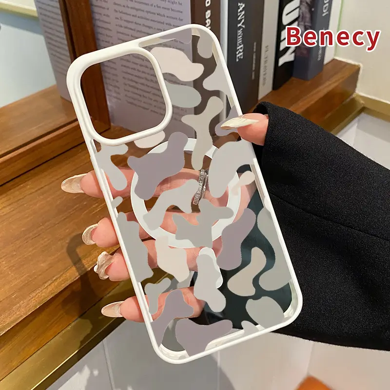 Muted Camo Pattern Hybrid Magnetic Phone Case for iPhone 11-17, Pro Max, XR, XS, Air, Plus - Transparent Silicone Acrylic Cover, Oil-Resist Matte, Shockproof, Non-Slip, Comfortable Grip, Wireless Charging-Supporting Strong Protector Accessory, Durable
