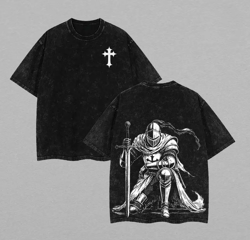 Men's Oversized Vintage Cotton Crew Neck Short-Sleeve Crusader Knight Graphic T-Shirt, Gothic Grunge Streetwear Aesthetic, Casual Menswear, Size L