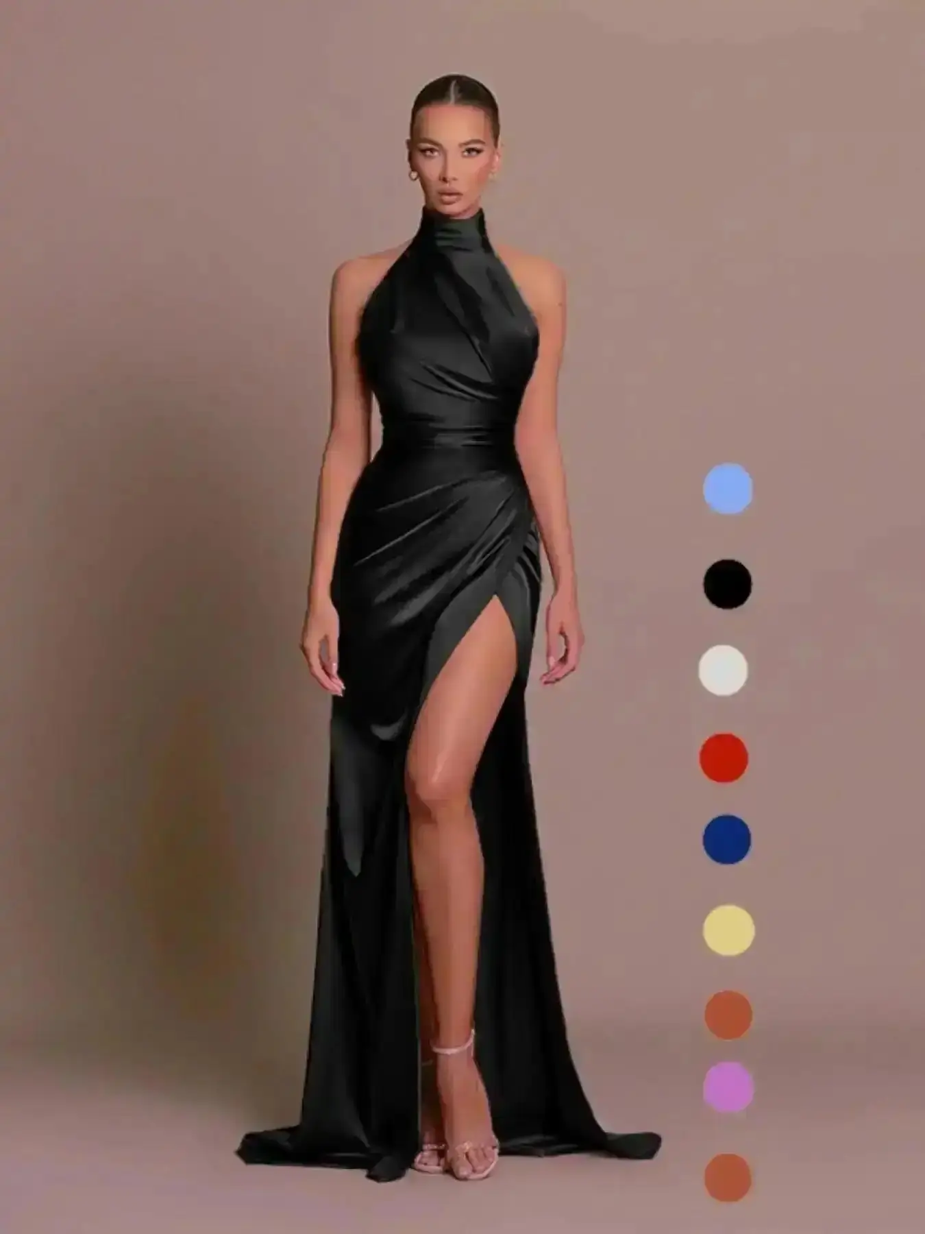 2026 Women's Plain Ruched Backless Split Thigh Halter Dress Elegant Sleeveless Maxi Long for Party Club Dating Spring Fall Formal Outfits, Easy Care and Wrinkle Resistant, Perfect for Vacation and Resort Wear