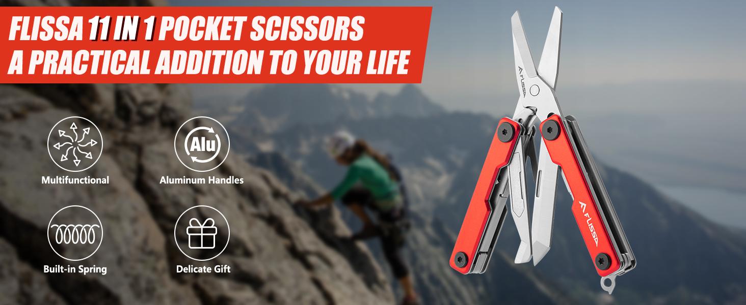#backtoschool FLISSA Multitool Scissors, 11-in-1 Multi Tool Pocket Knife, Stainless Steel Mini Multitool with Bottle Opener, Screwdriver, Aluminum Handles, Spring - EDC for Outdoor, Camping, Hiking, Fishing, Red