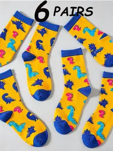 6 Pairs Cartoon Dinosaur Print Crew Socks, Fun and Comfortable Footwear for Kids, Perfect Gift Idea, Ideal for Daily Wear