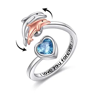 Dolphin Fidget Rings for Anxiety for Women 925 Sterling Silver Dolphin Rotatable Mood Rings