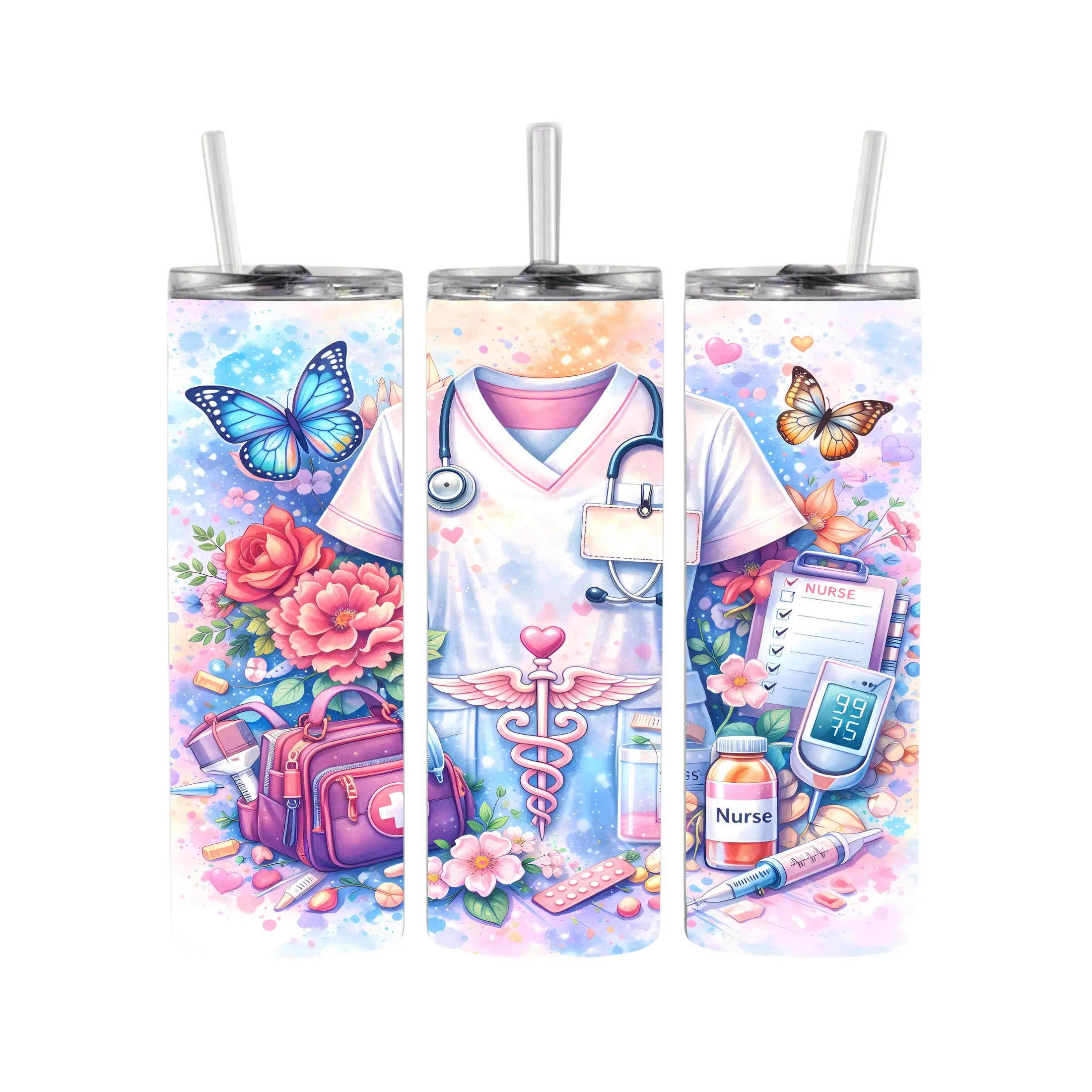 Nurse-Themed 20 oz Vacuum Insulated BPA-Free Tumbler Water Bottle with Lid, Straw, for Daily Use, Comes Individually Boxed, 20 Oz Tumbler