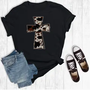 Black Cow Print Women's T-Shirt, Faith Tee, Western Crewneck Cottage core Clothing Cow Tee, Gifts for Cow Lovers