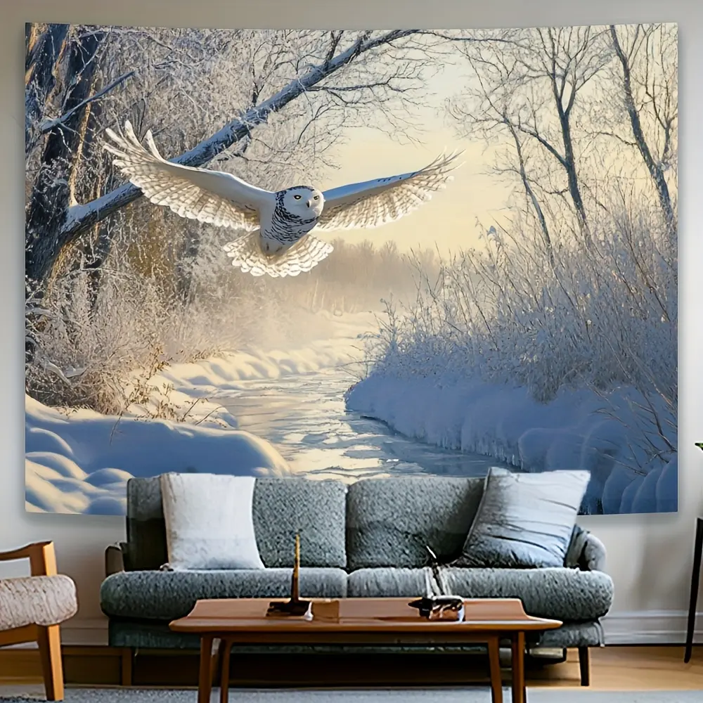 Winter Snowy Owl & Frosted Stream Scene Tapestry - High-Quality Polyester Fabric, No Electricity Needed, Serene Nature Wall Art for Home Office Decor, Premium Matte Nature-Inspired Indoor Decoration