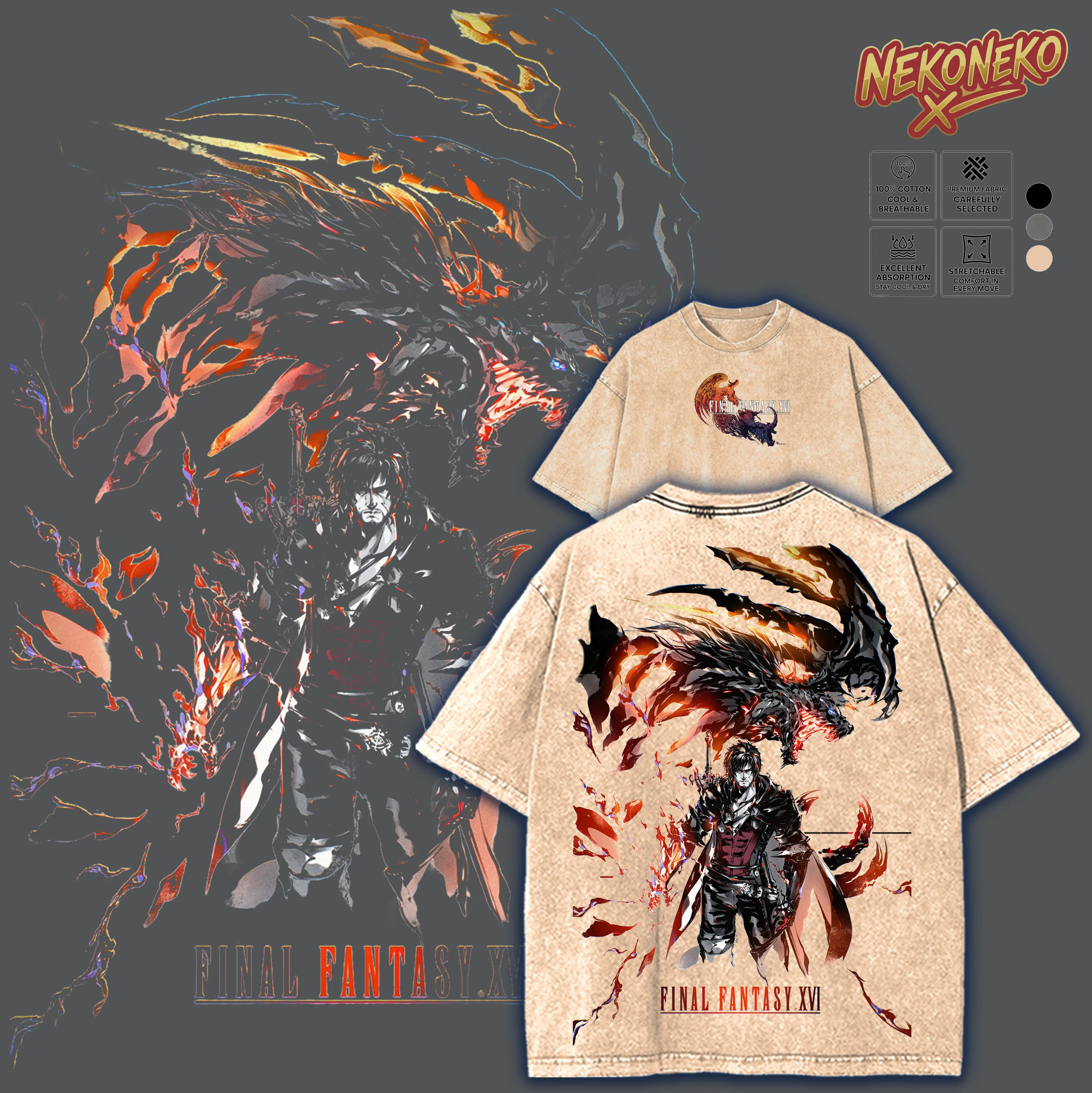 Final Fantasy XVI Graphic Washed Tee, Clive Rosfield Oversized Streetwear Vintage T-shirt, Men's Heavyweight Unisex Loose-Fit Cotton Apparel, Trendy Video Game Merch Summer Outfits