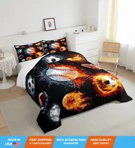 Baseball Comforter Set Twin Sports Bedding Set for Teen Boys Kids,Soccer Basketball Rugby Comforter Red Orange Blue Water Fire Flame Quilt Bedroom Decor 1 Pillow Case