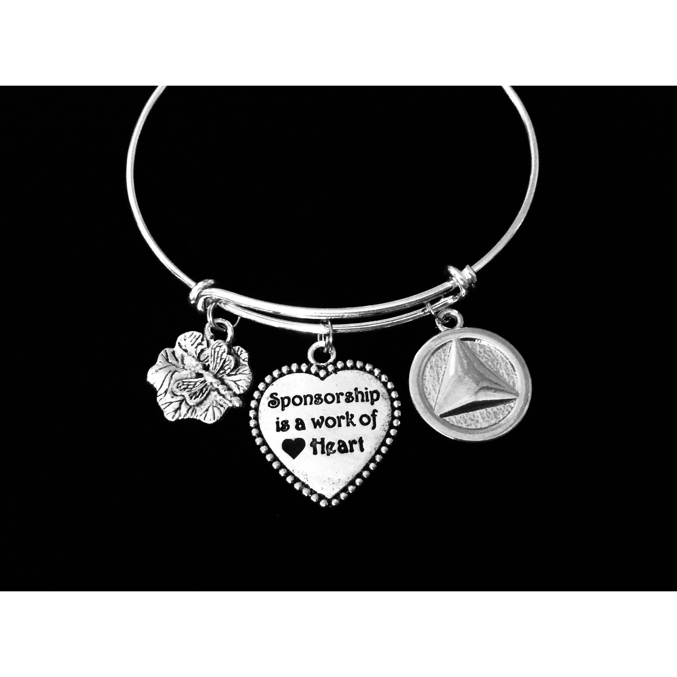 Silver Sponsorship is a Work of Heart Adjustable Charm Bracelet for Alcoholics Anonymous - One Size Fits All Jewelry Gift for Support